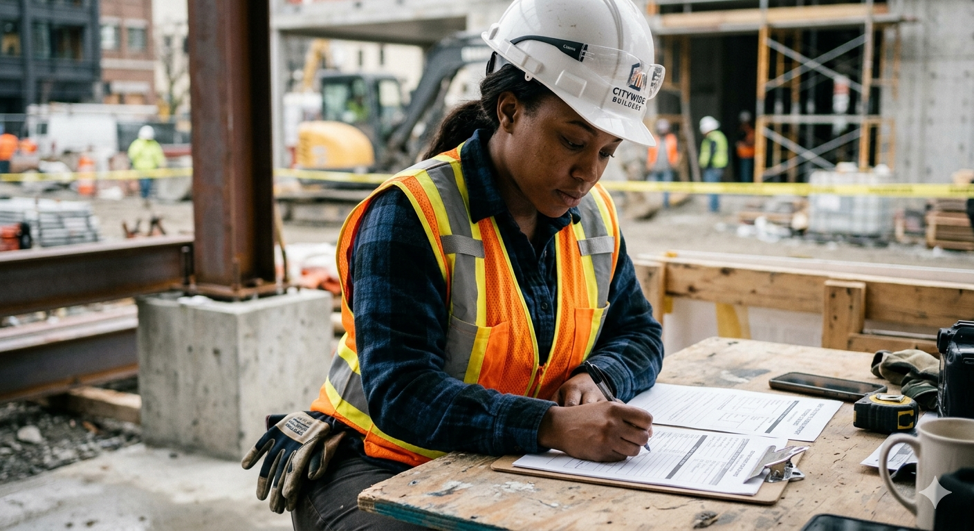 A female construction worker in a hard hat and safety vest filling out documentation on a wooden desk at a building site.