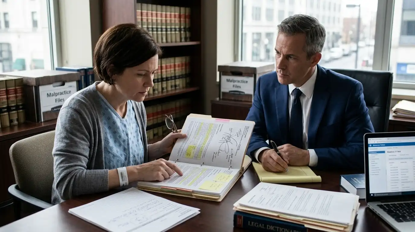 A lawyer in a suit reviewing medical records and notes with a female client in a hospital gown during a legal consultation.
