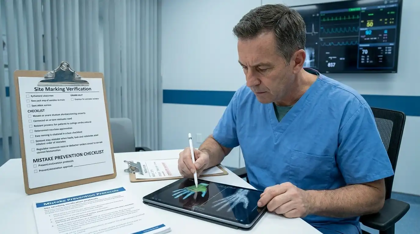 A medical professional in blue scrubs using a tablet to review a digital hand X-ray while sitting next to a site marking verification checklist.