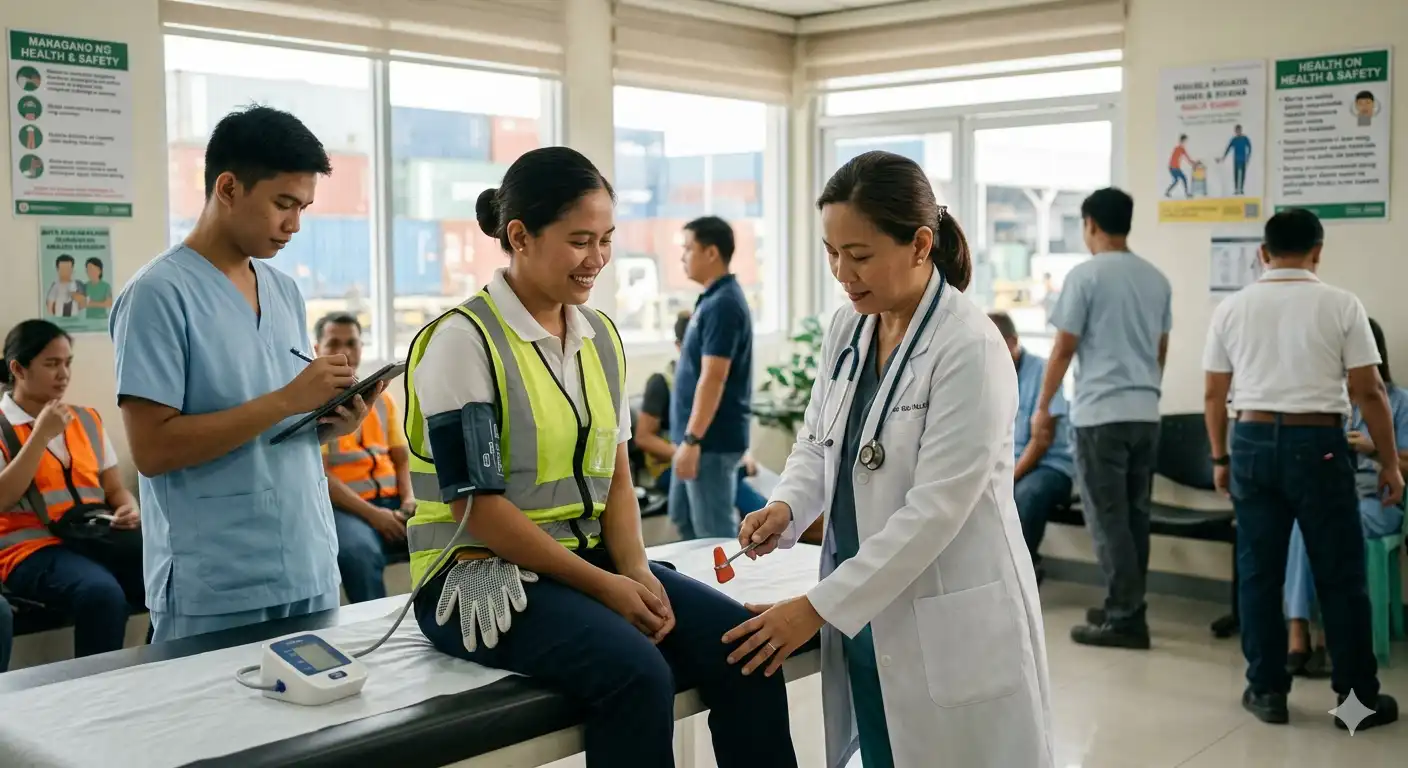 A female worker in a safety vest receiving a medical checkup from a doctor in an occupational health clinic, with a medical assistant taking notes.