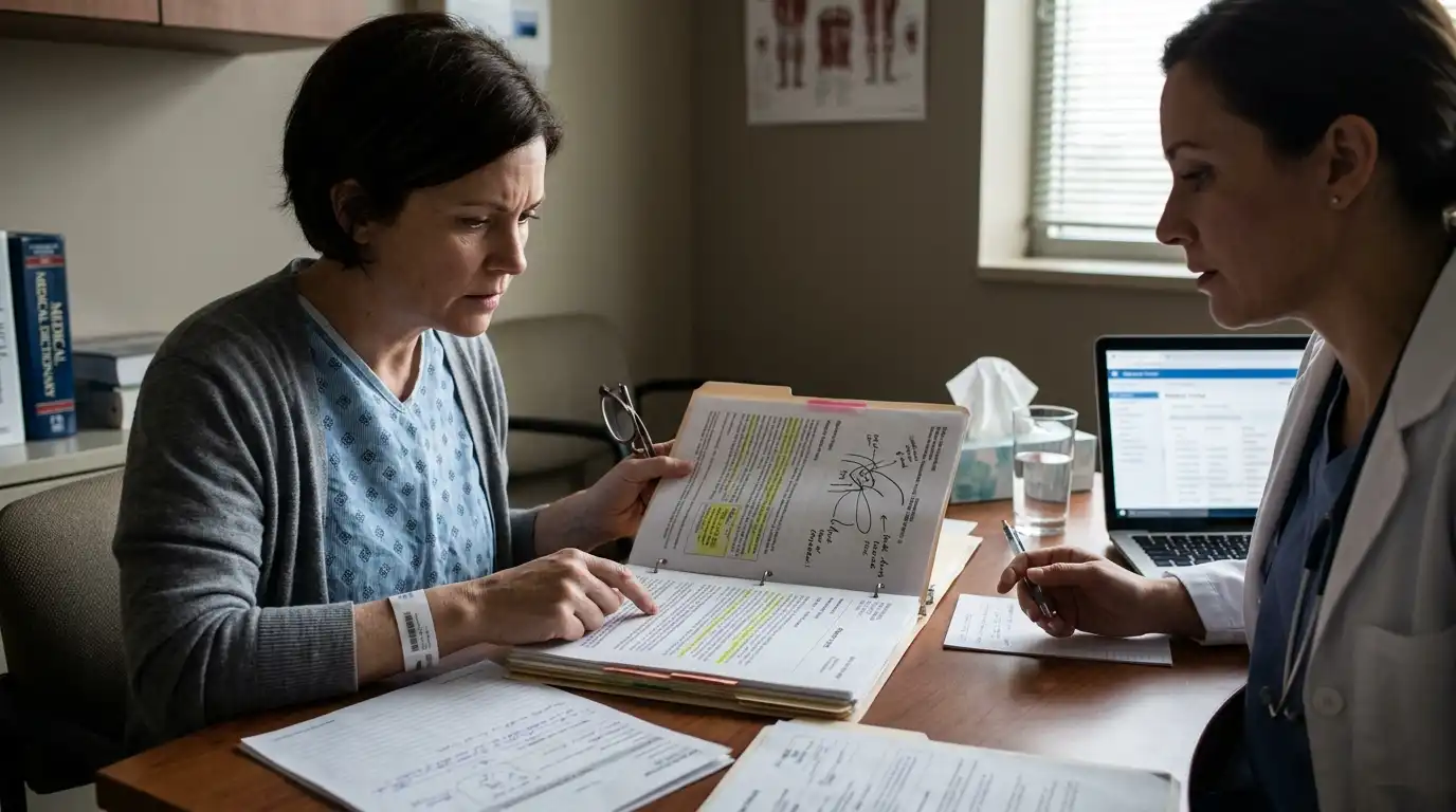 A patient in a hospital gown and a doctor reviewing printed medical files and notes during a consultation in an office.
