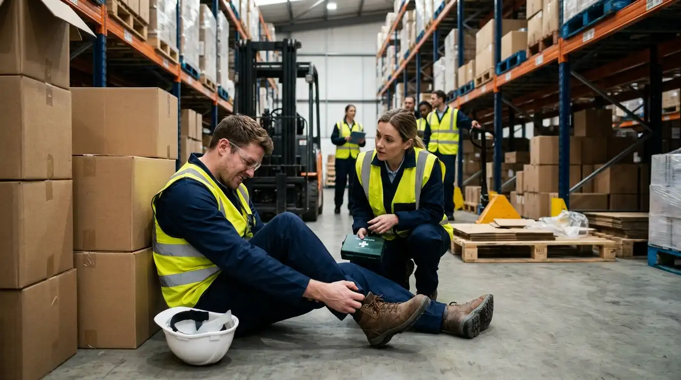 An injured warehouse worker sitting on the floor holding his ankle while a colleague provides first aid near storage racks.