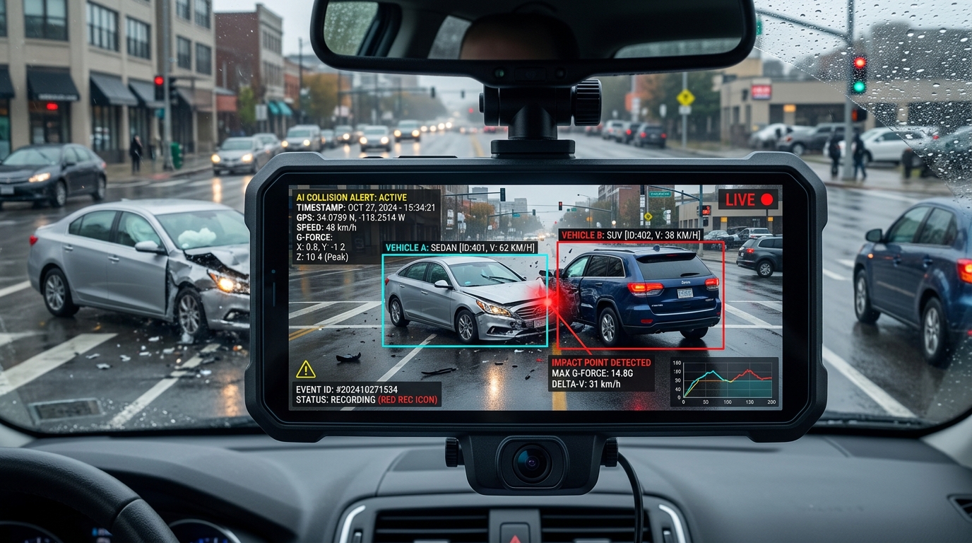 AI dashcam detecting collision and highlighting fault analysis