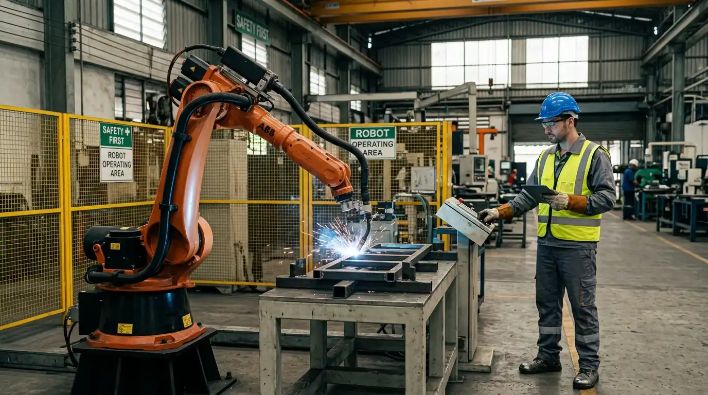 An industrial worker in a safety vest and hard hat works at a control station while a large yellow robotic arm operates in close proximity. The scene is set in a high-tech manufacturing facility with safety floor markings and various mechanical components, highlighting the intersection of human labor and automation.