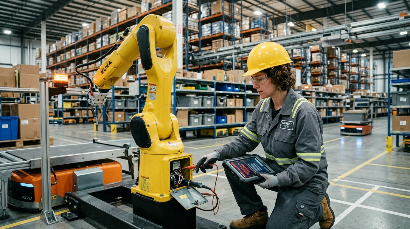 A male industrial worker wearing a blue hard hat and a safety vest carefully inspects the mechanical joints of a large yellow robotic arm in a modern manufacturing facility. The worker is using a small flashlight to examine the internal components, with various industrial pipes and machinery visible in the blurred background.