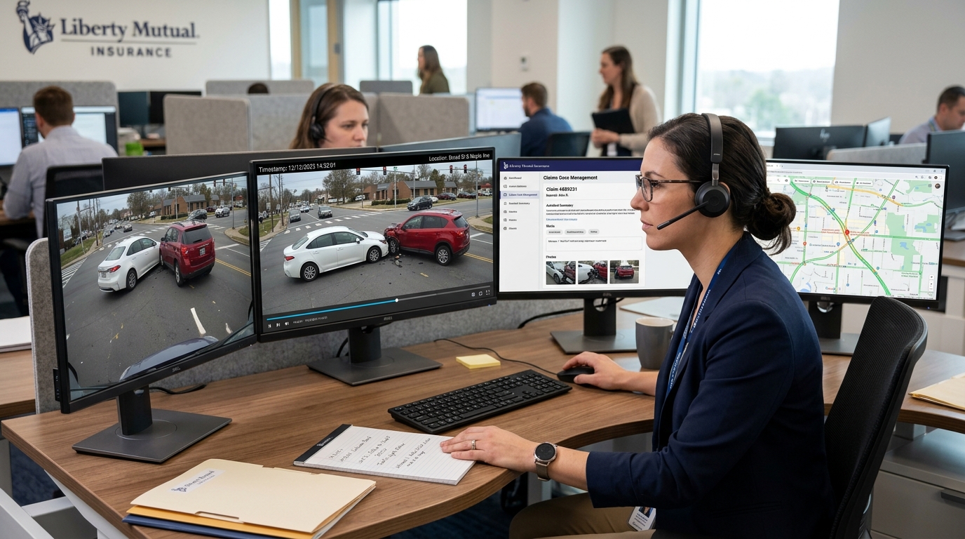 Insurance adjuster analyzing dashcam footage for claim decision