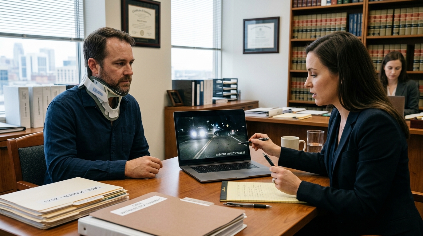 Driver reviewing dashcam footage after accident with lawyer