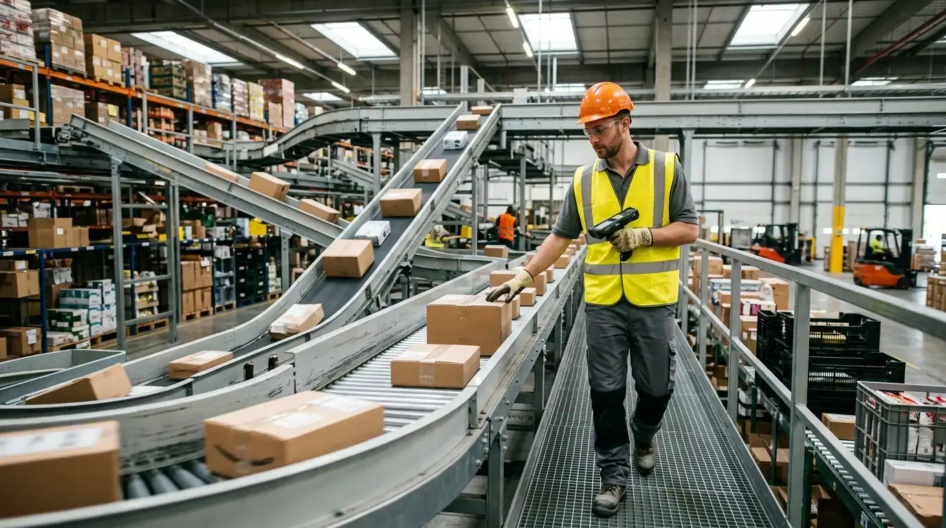 A warehouse employee in a high-visibility safety vest and hard hat walks through a narrow aisle of a massive distribution center. The scene features towering industrial metal racks filled with organized boxes and pallets, stretching deep into the background under bright overhead lighting.