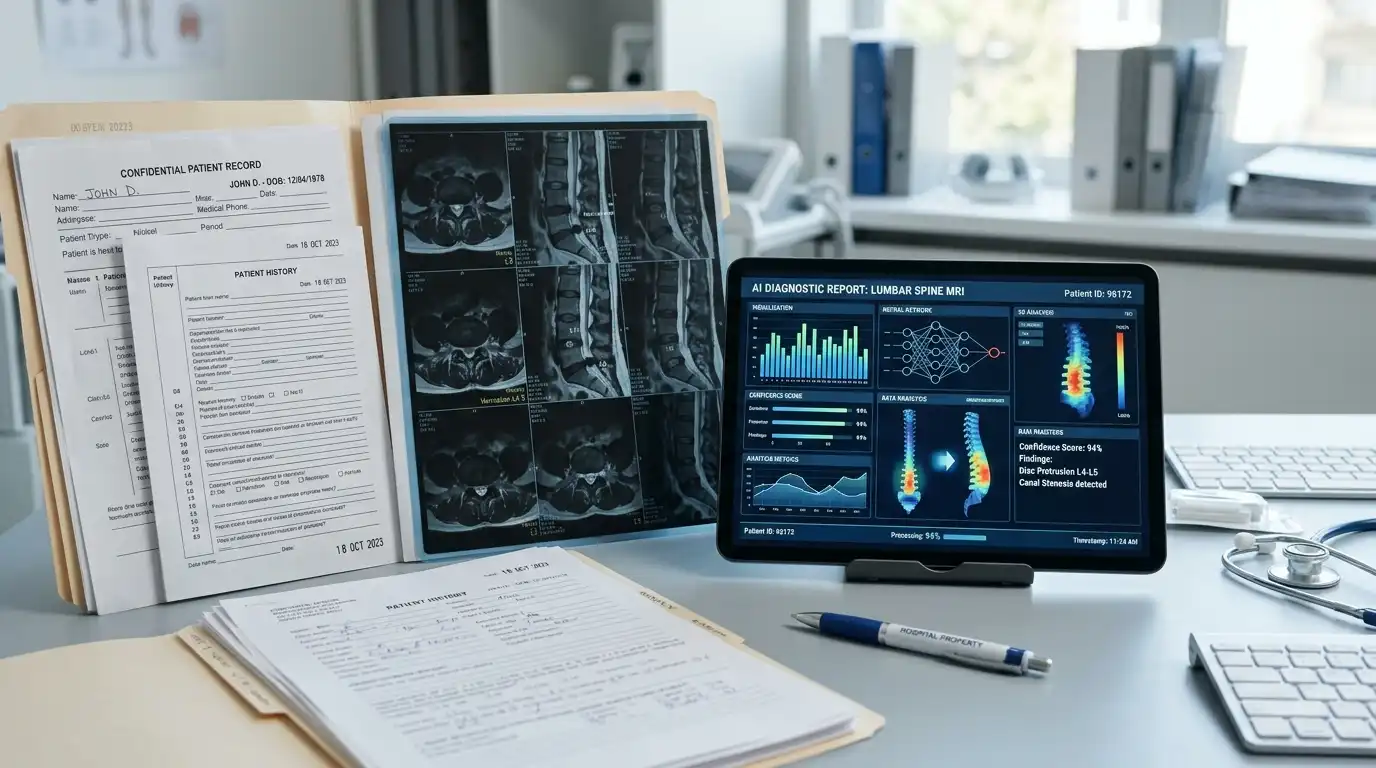 AI diagnostic error review with medical records, scan results, and patient safety notes