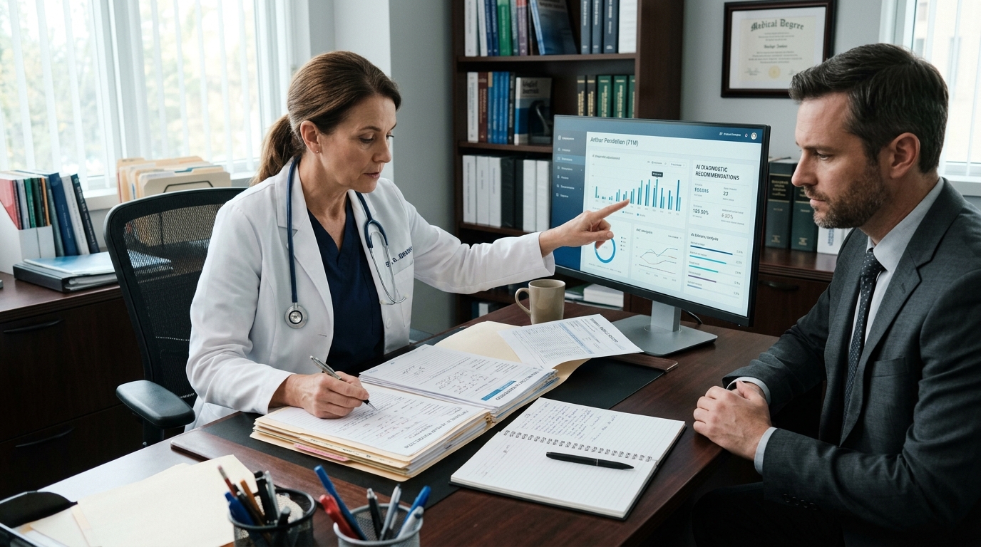 A female doctor in a white lab coat points to AI-generated diagnostic charts on a computer monitor while discussing results with a male patient in a professional medical office.