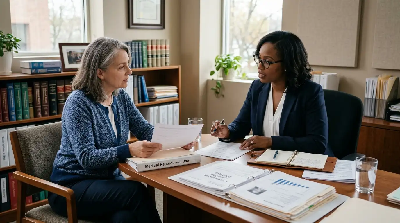 Patient discussing delayed diagnosis concerns during a medical malpractice consultation