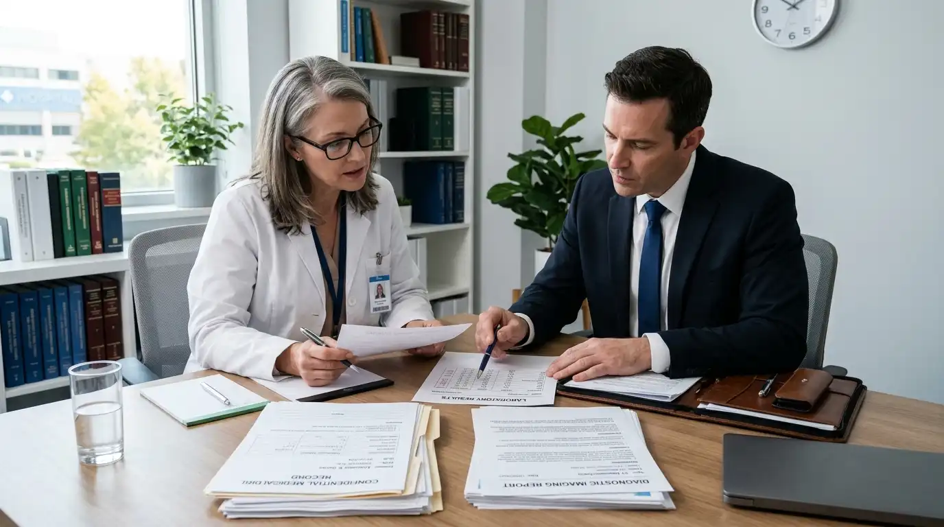 Delayed diagnosis medical malpractice concept with doctor reviewing missed test results and patient records