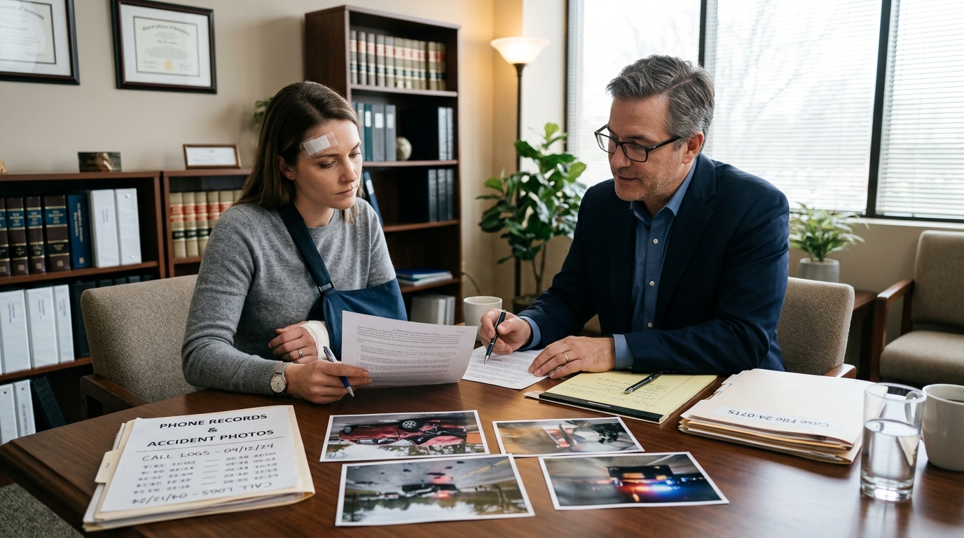 Injured crash victim reviewing distracted driving accident claim with legal professional