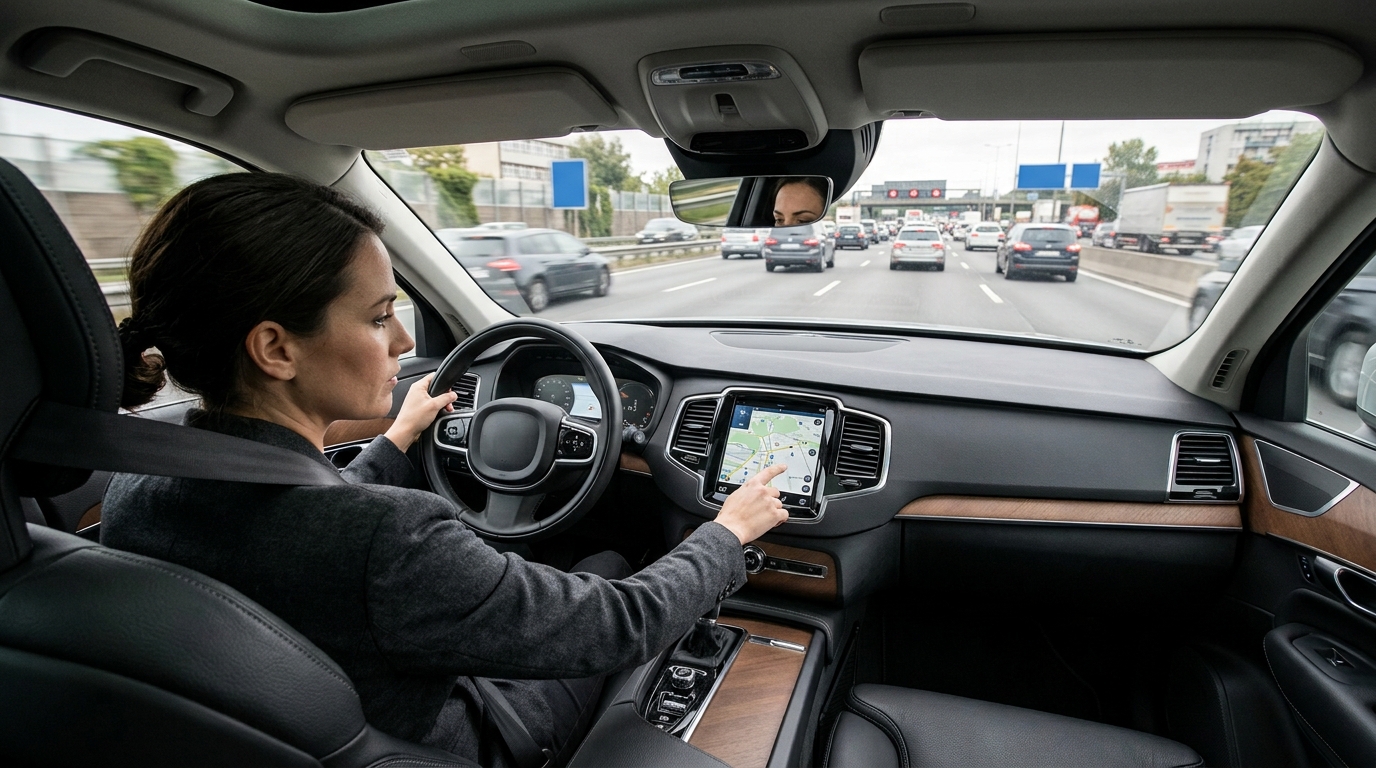 Distracted driving accident claim with driver using car touchscreen before a crash Prompt: Realistic wide image of a driver inside a modern vehicle reaching toward an in-car touchscreen while traffic is visible through the windshield, serious road safety mood, no crash impact, no text, no logos, professional editorial photography style.