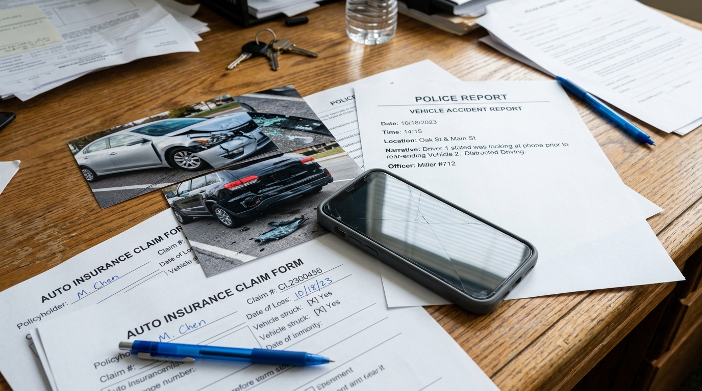 Phone distraction evidence after a car accident with police report and vehicle damage photos